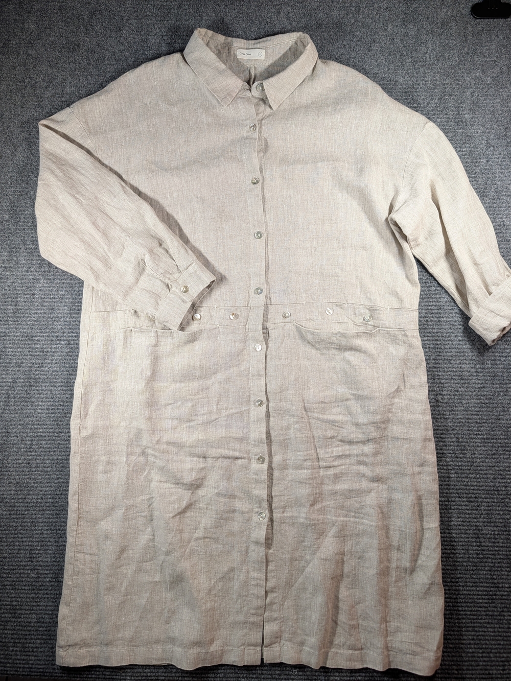 Grae Cove size Lg Midi Shirt Dress 100% Linen Beige w/ Pockets Lagenlook Minimal